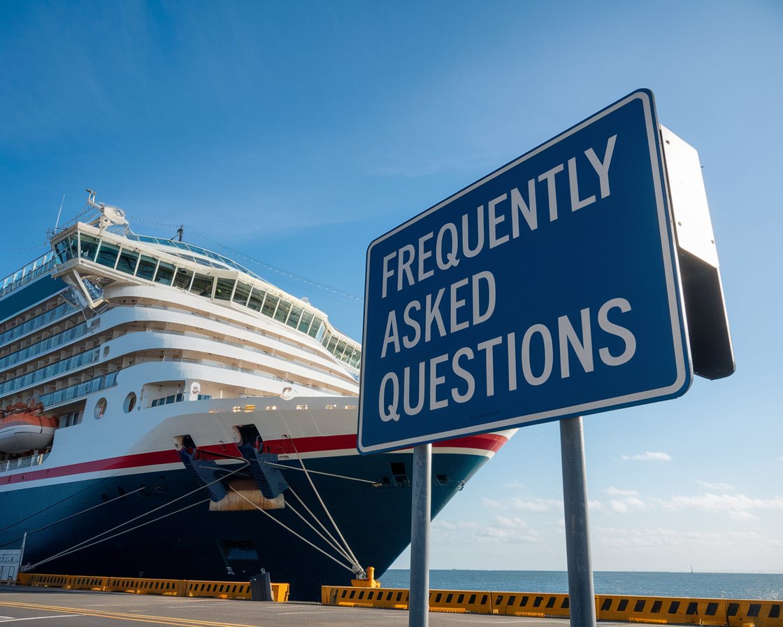 Sign “Frequently Asked Questions” with a cruise ship in the background on a sunny day at Port of Dover