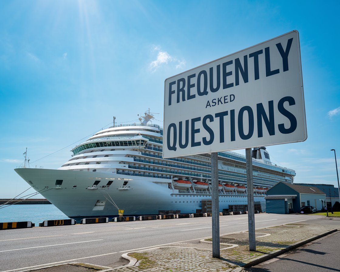 Sign “Frequently Asked Questions” with a cruise ship in the background on a sunny day at Port of Hull