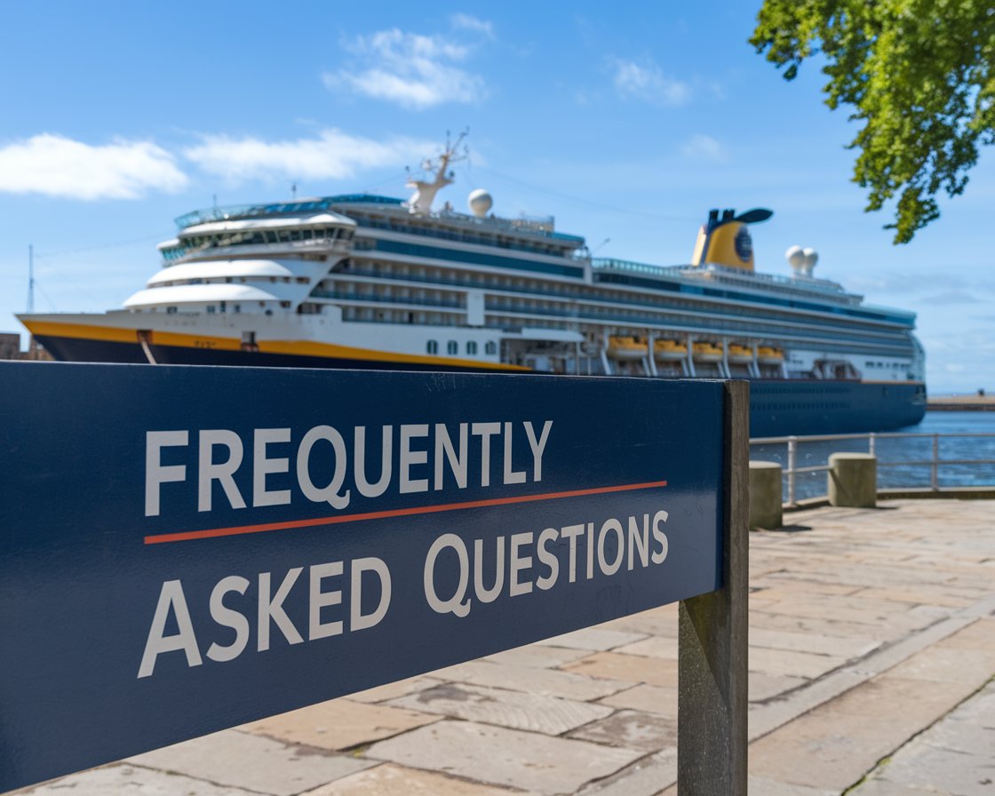 Sign “Frequently Asked Questions” with a cruise ship in the background on a sunny day at Port of Leith