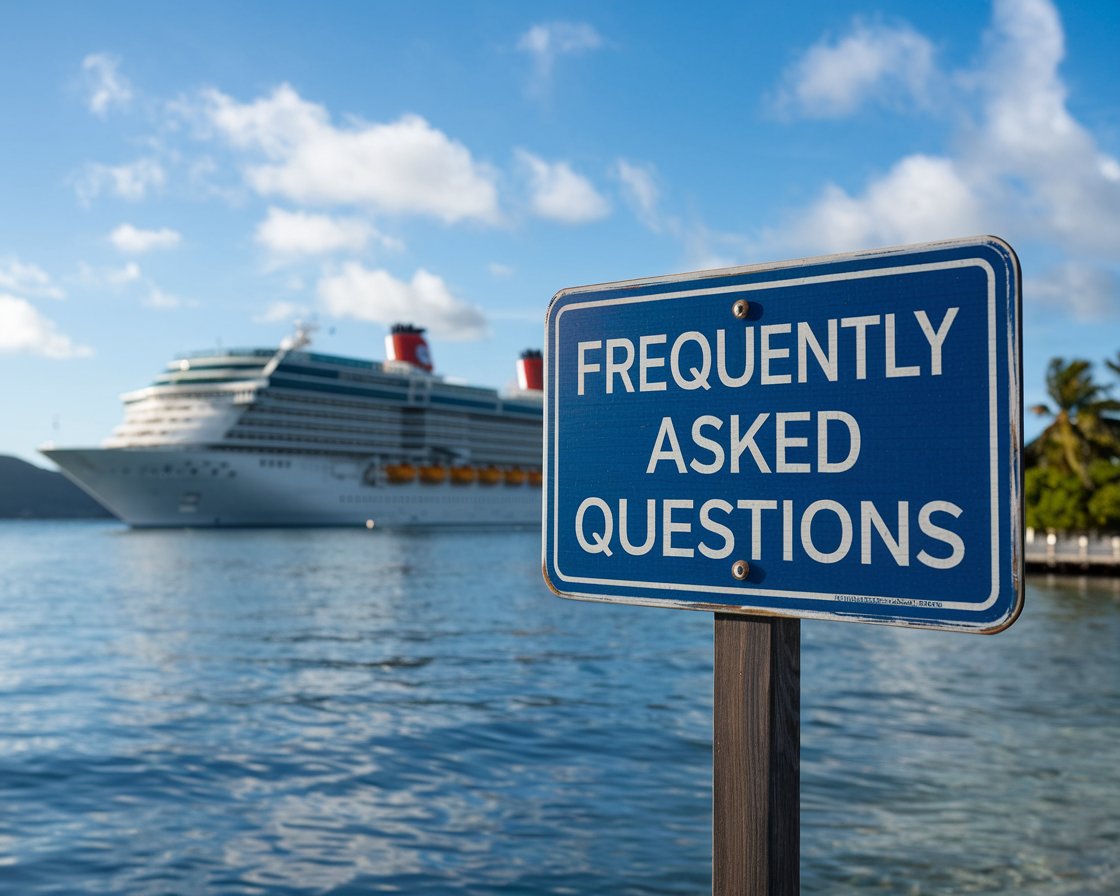 Sign “Frequently Asked Questions” with a cruise ship in the background on a sunny day at Port of Southampton