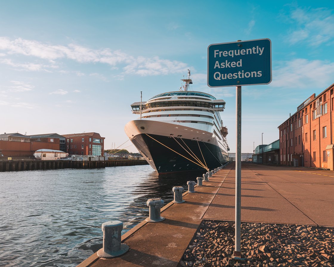 Sign “Frequently Asked Questions” with a cruise ship in the background on a sunny day at Port of Tilbury (London)