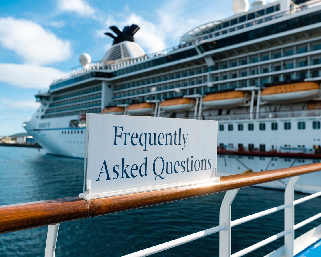 Sign “Frequently Asked Questions” with a cruise ship in the background on a sunny day