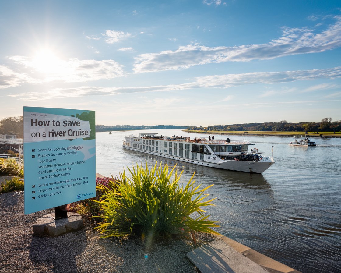 Sign How to save money on a river cruise. River cruise ship in the background