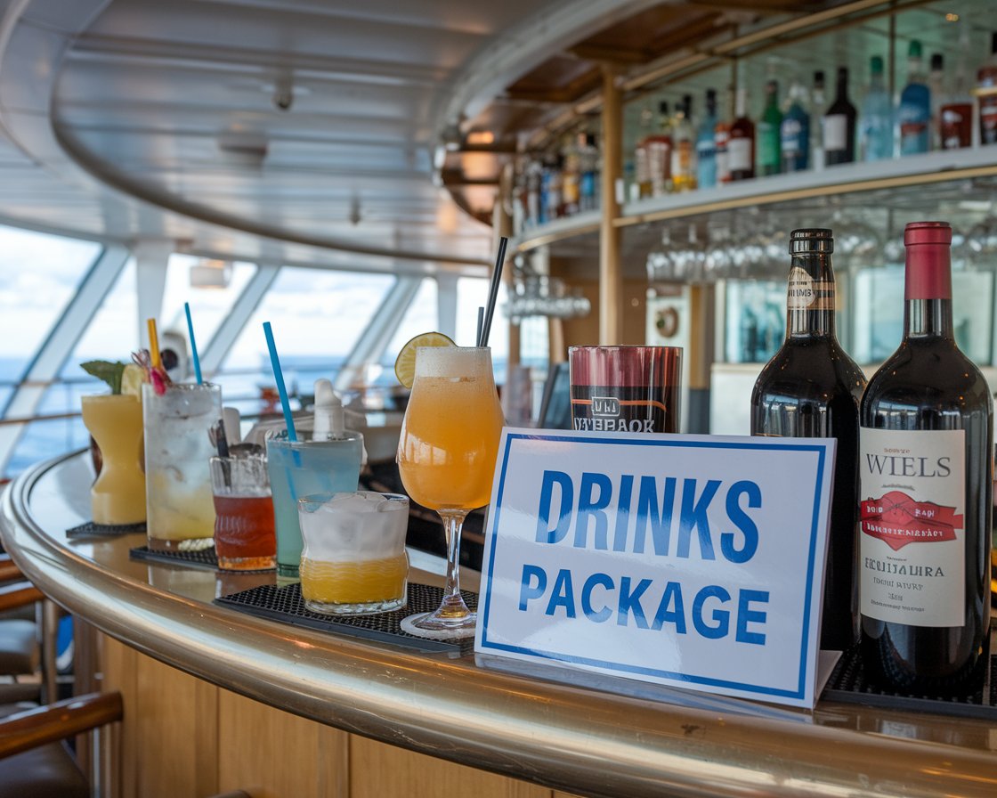 Sign on a bar top Drinks Package with some drinks on Norwegian Epic cruise ship