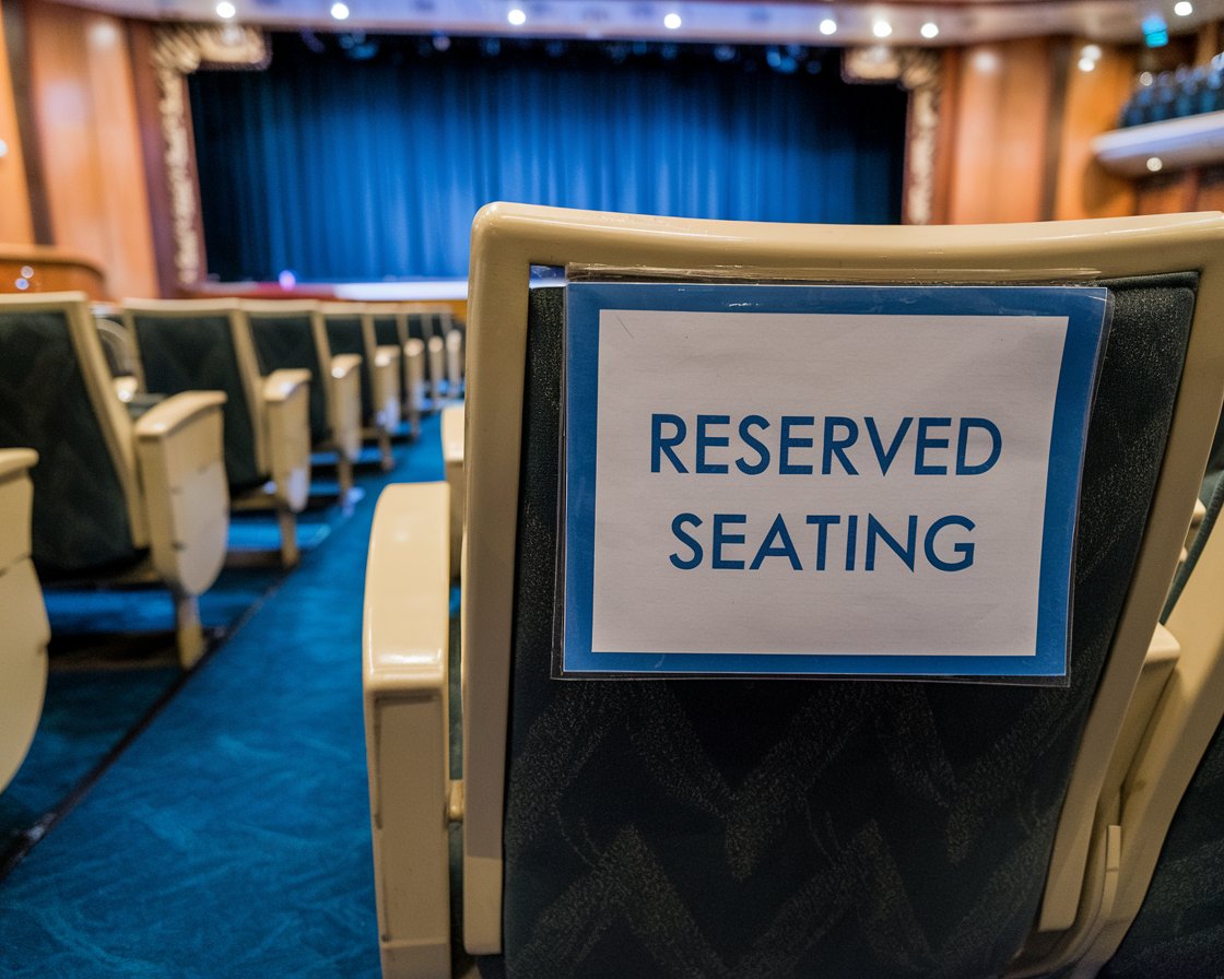 Sign on a theatre chair - Reserved seating on Norwegian Epic cruise ship