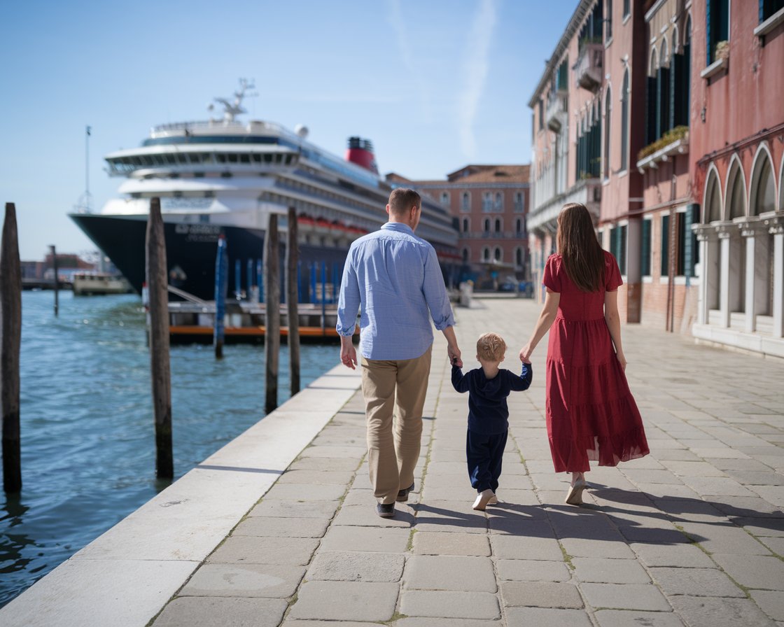 Small family in venice with a cruise ship in the background