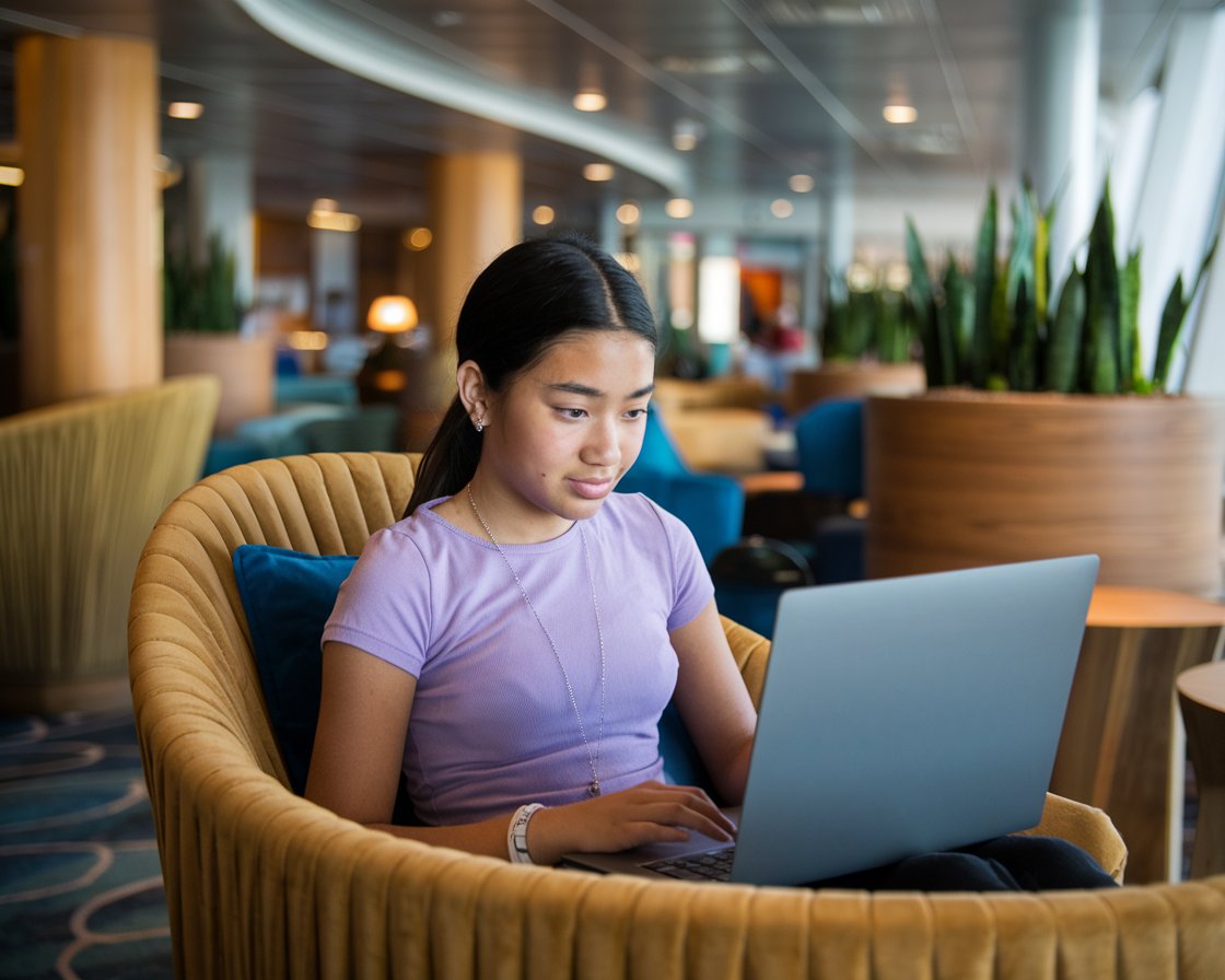 Teen on a laptop on Norwegian Breakaway cruise ship