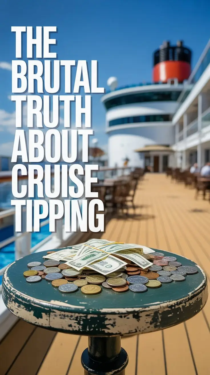 A bold, impactful product shot advertisement centered around the concept of cruise tipping, featuring a distressed, weathered wooden table with scattered coins and bills, bathed in bright, direct sunlight. The scene utilizes a shallow depth of field, blurring the background of a luxurious cruise ship deck to emphasize the foreground's chaotic presentation of money and highlighting the core message. Overlayed on the left side of the image in large, impactful font is the text "The Brutal Truth About Cruise Tipping," presented in a modern sans-serif font with a slight shadow to ensure readability against the bright background, establishing a serious and slightly controversial tone. The overall aesthetic is clean and modern, utilizing the sunny setting to contrast the slightly unsettling subject matter and create a visually compelling advertisement meant to spark discussion and potentially offer solutions.