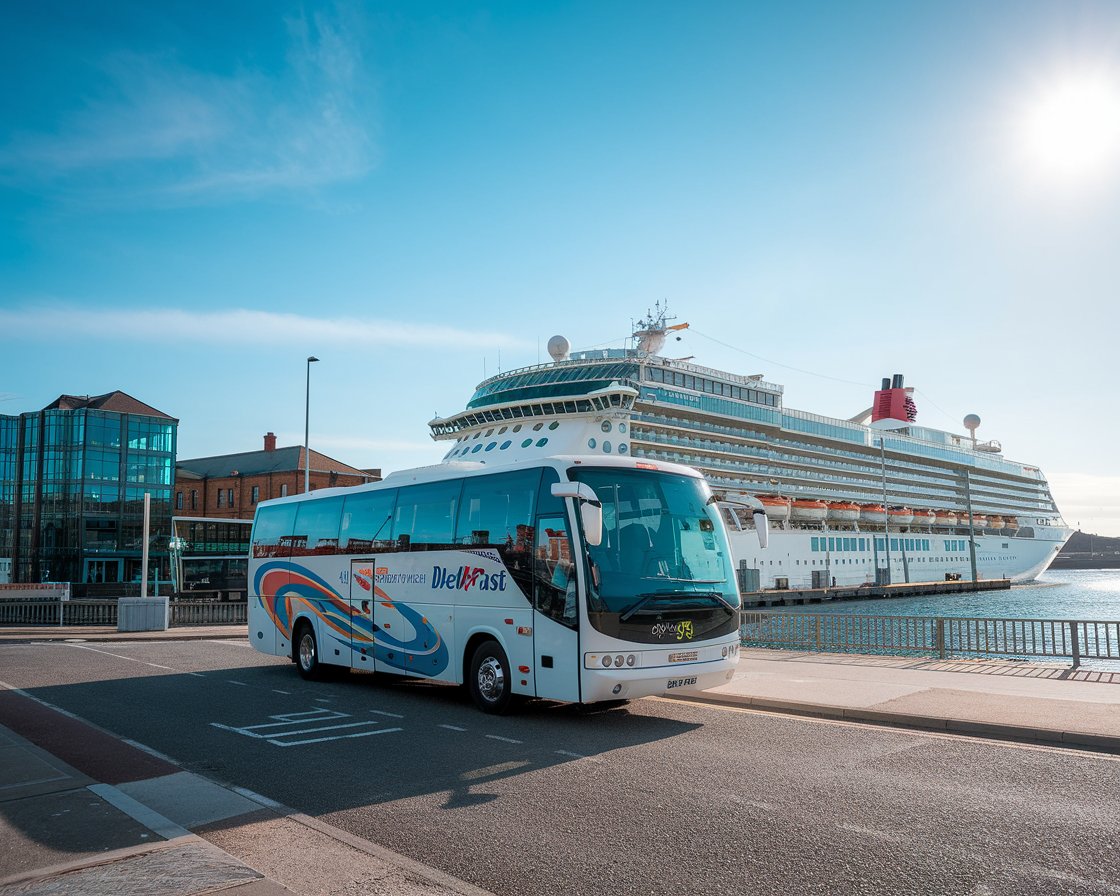 Tour bus at Belfast Harbour Port with a cruise ship in the background on a sunny day