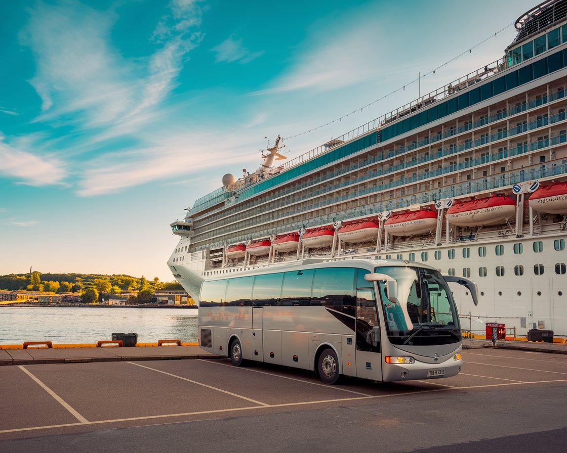 Tour bus at Bristol’s Port of Avonmouth with a cruise ship in the background on a sunny day