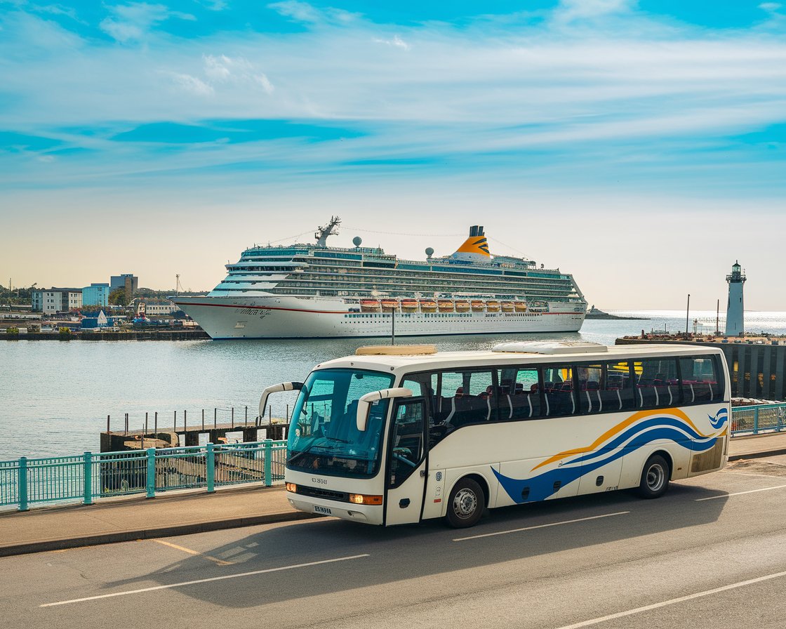 Tour bus at Greenock Ocean Terminal Port with a cruise ship in the background on a sunny day