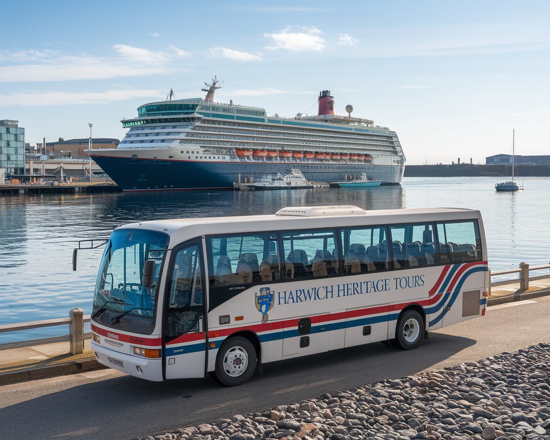 Tour bus at Harwich International Port with a cruise ship in the background on a sunny day