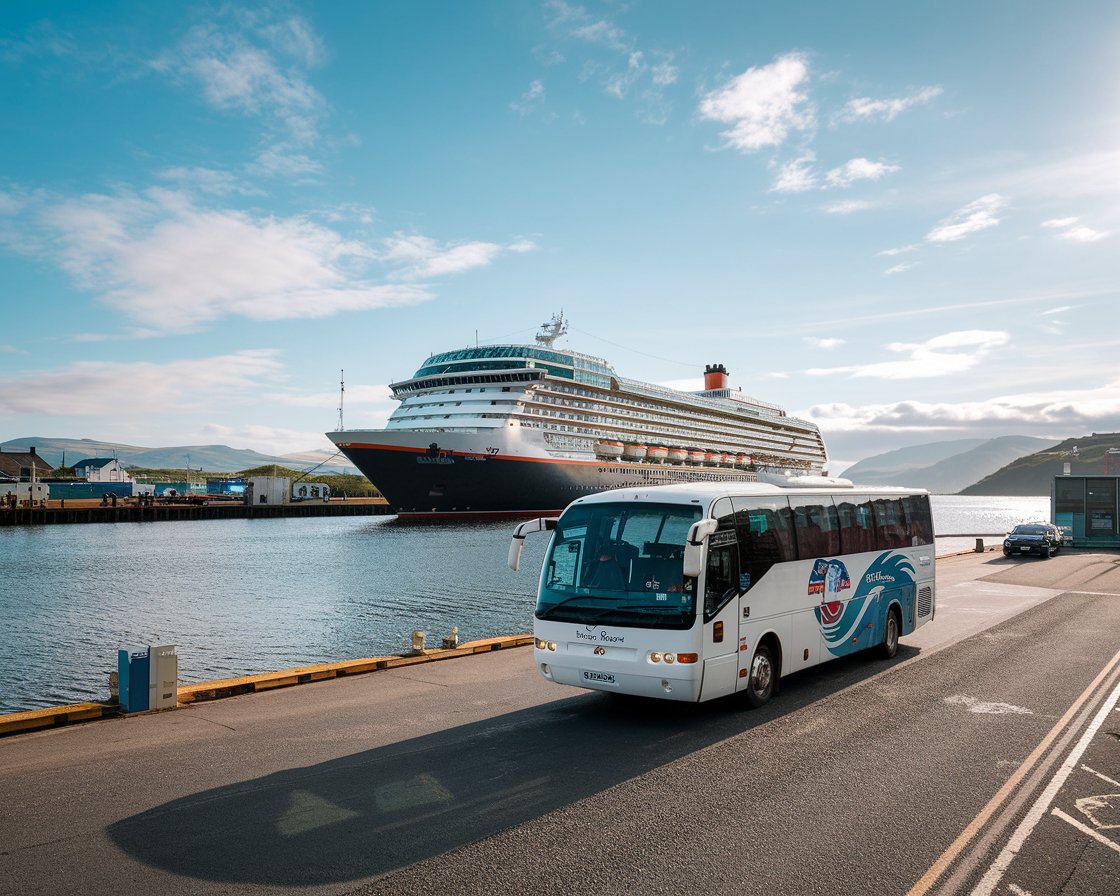 Tour bus at Holyhead Port with a cruise ship in the background on a sunny day