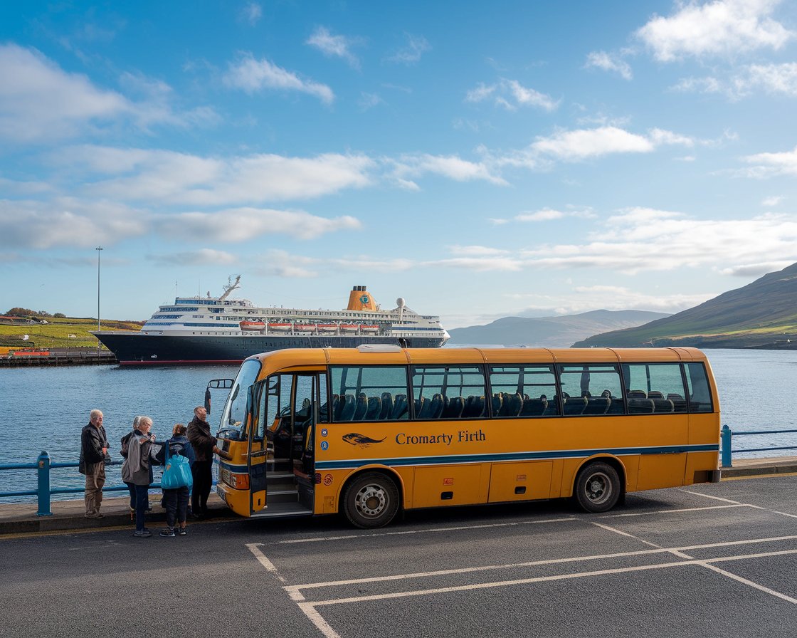 Tour bus at Port of Cromarty Firth (Invergordon) with a cruise ship in the background on a sunny day