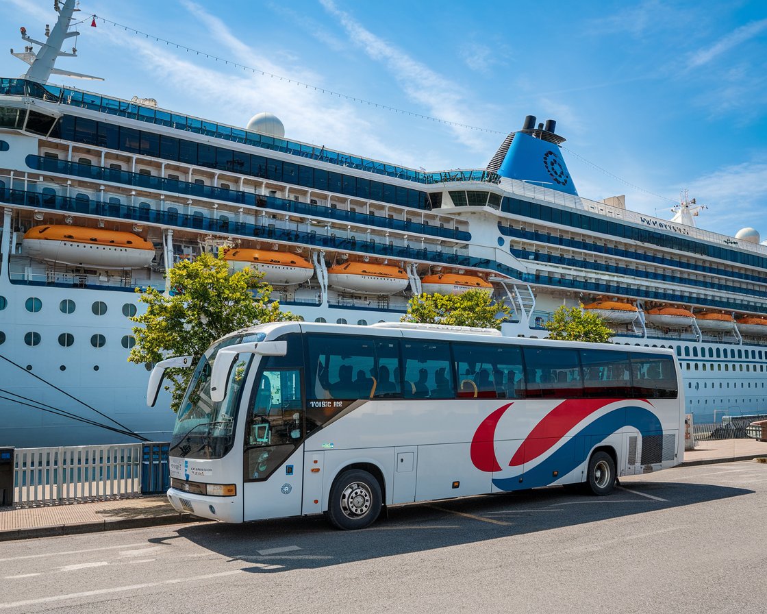 Tour bus at Port of Southampton with a cruise ship in the background on a sunny day