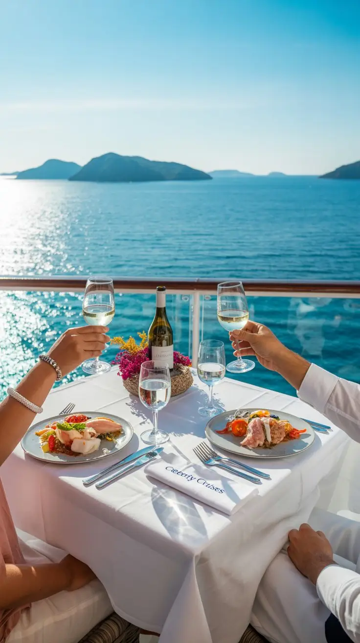 A photograph of a beautifully set table for two on the deck of the Celebrity Edge cruise ship. Two elegantly dressed individuals are seated, enjoying a meal of fresh seafood and a chilled bottle of white wine, with "Celebrity Cruises" subtly displayed on a nearby napkin. The table is adorned with crisp white linen, sparkling glassware, and colorful flowers, all bathed in the warm glow of a bright sunny day over the turquoise ocean. Distant islands are visible on the horizon, creating a sense of luxury and escape.