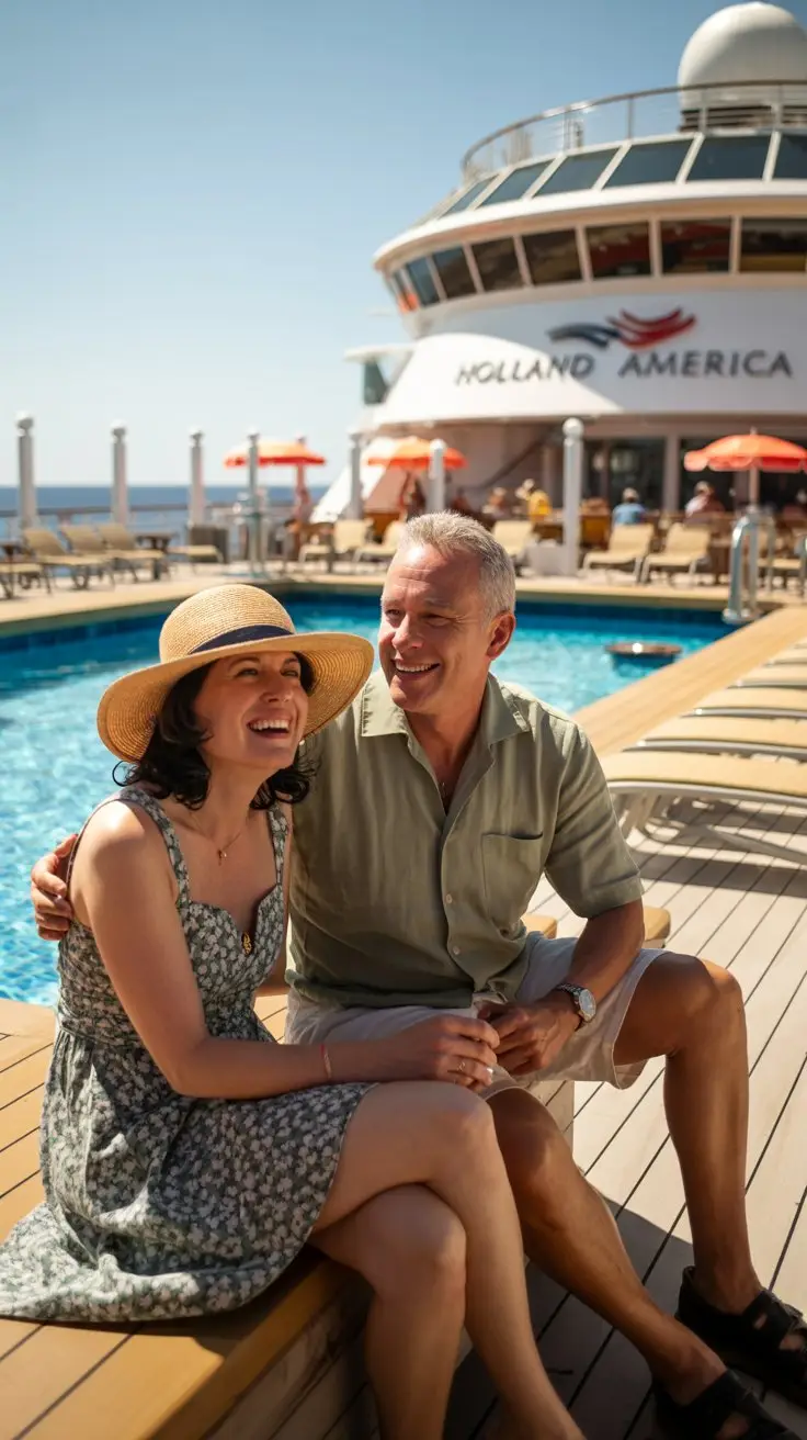 A photograph of a mid-aged couple enjoying a sunny day poolside on a Holland America cruise ship. The woman is wearing a wide-brimmed straw hat and a floral sundress, while the man wears a short-sleeved linen shirt and khaki shorts, both smiling contentedly. Behind them, the ship's deck stretches out towards the turquoise ocean, with comfortable lounge chairs and brightly colored umbrellas dotting the area. Warm sunlight illuminates the scene, creating a relaxed and vibrant atmosphere, with the words “Holland America” subtly visible on the ship's exterior.