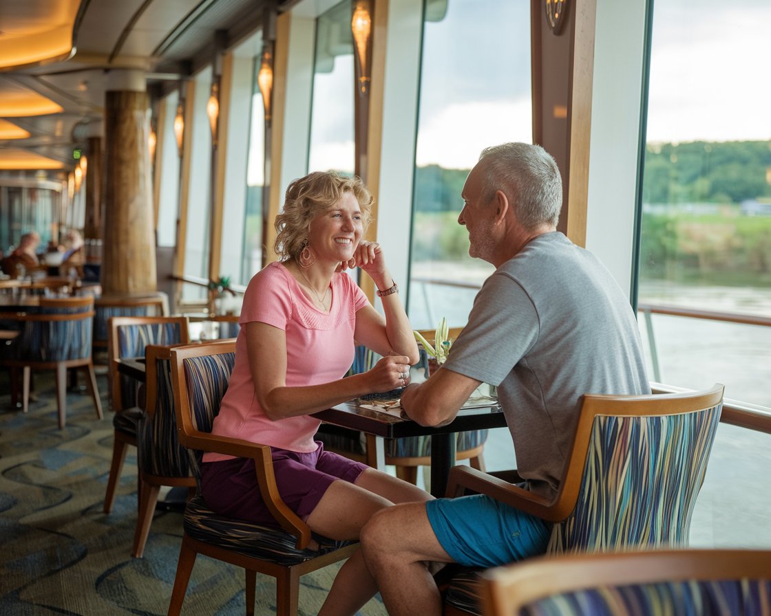 couple. shorts, in restaurant of a river cruise ship