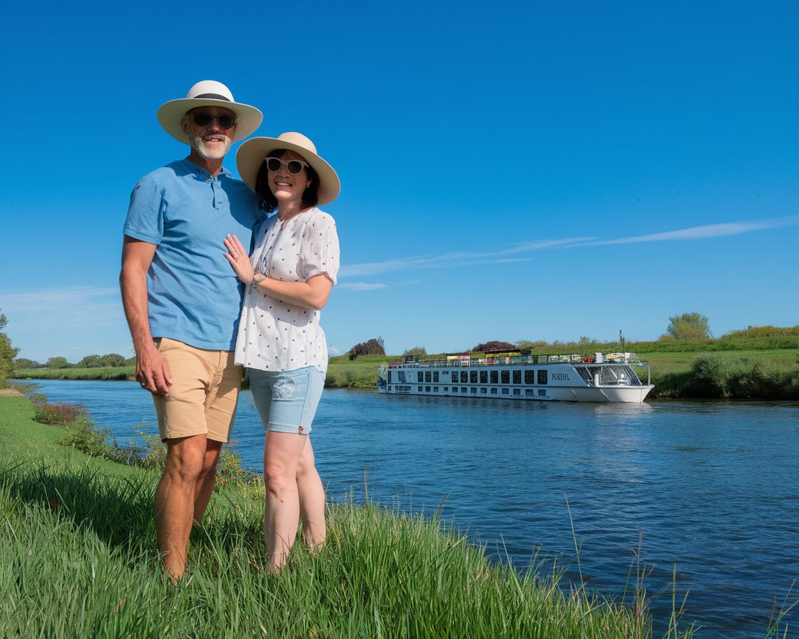 couple. shorts, sun hat, sun glasses. in the med. river cruise ship in the background.