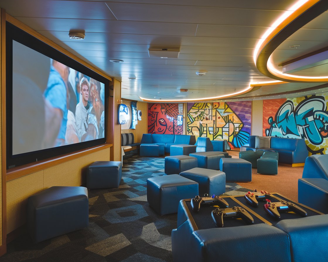 hangout spot for teens, with video games, music, movies on Norwegian Epic cruise ship