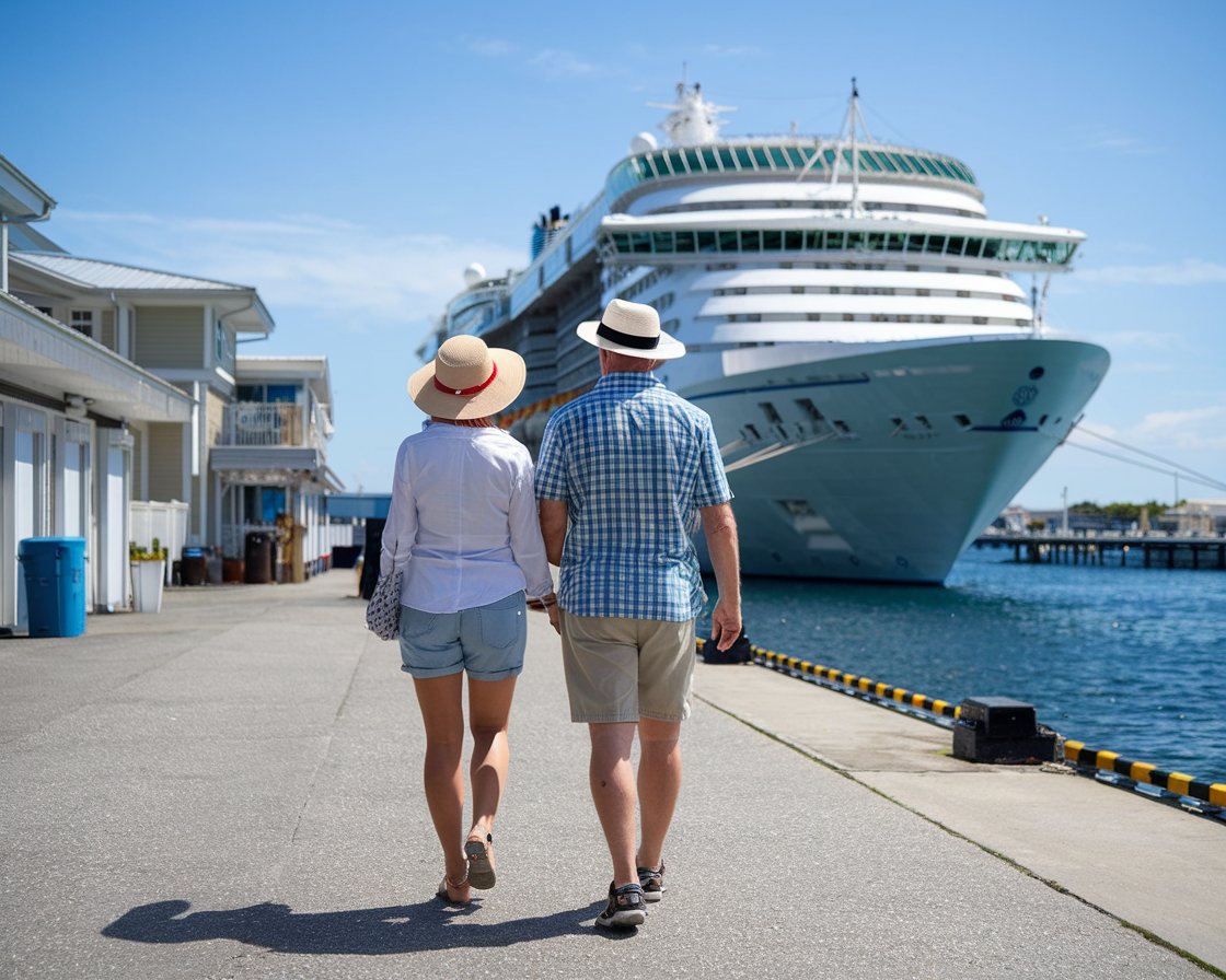 lady and man dressed in shorts, sun hat, walking along the dock with a cruise ship in the background