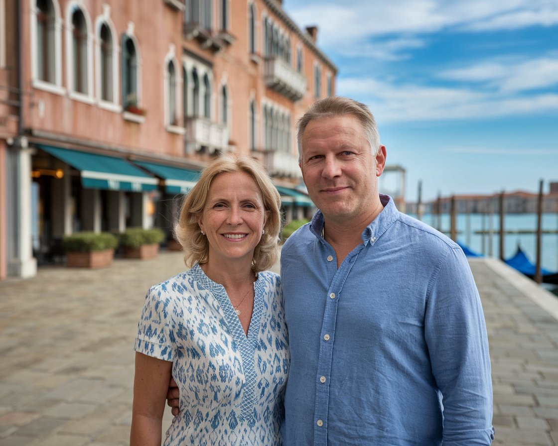 lady and man in front of a hotel in venice