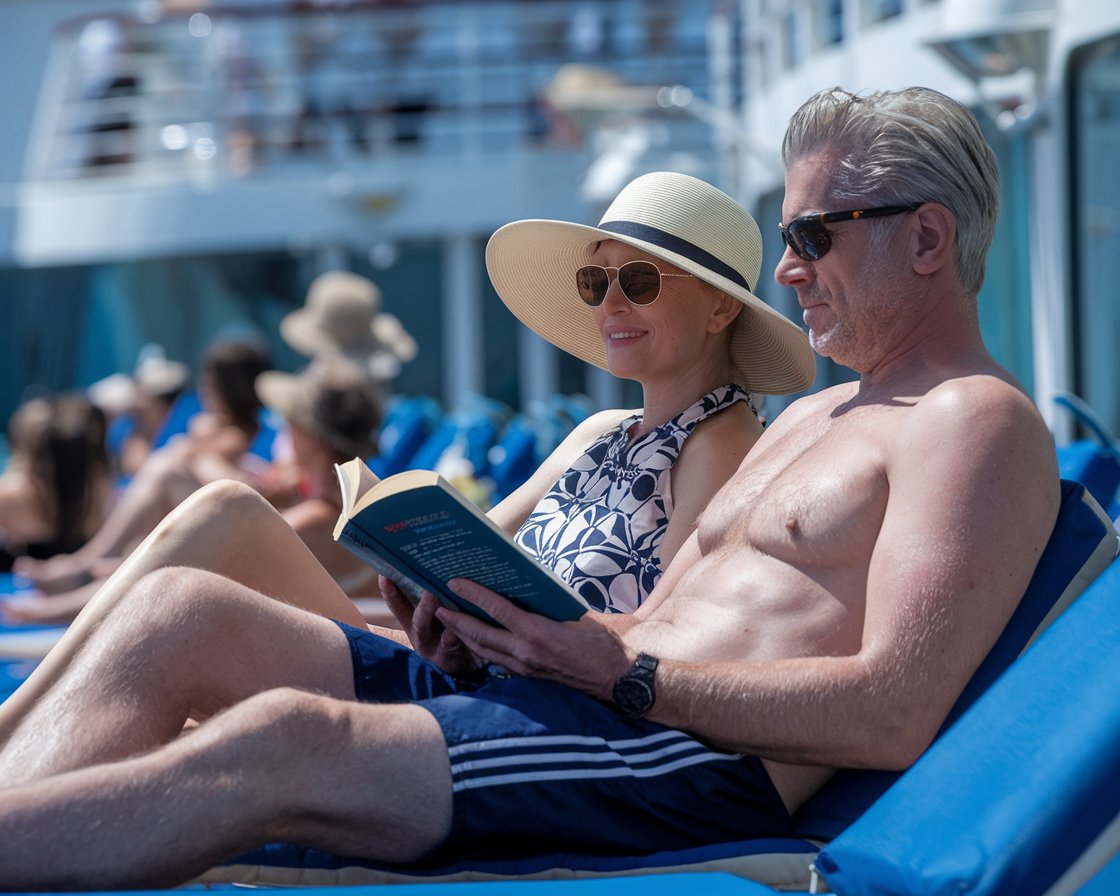 lady and man one with a sun hat, shorts, swimwear, sunglasses on lounge chair on a cruise