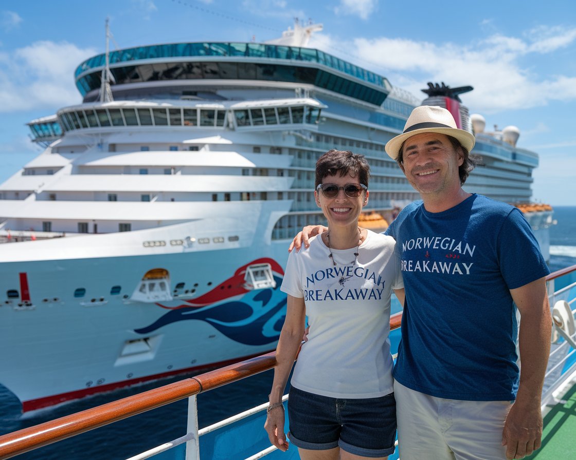 lady and man, shorts, tshirt, on Norwegian Breakaway cruise ship