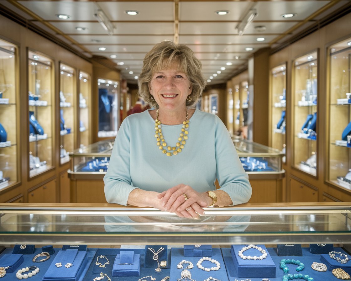 lady casually dressed in a jewelry shop on the Norwegian Epic cruise ship