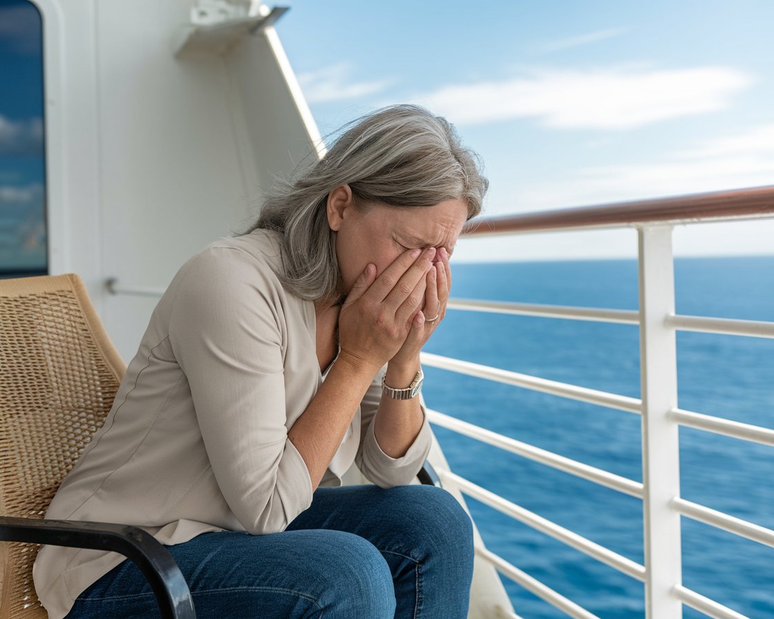 lady not feeling well on a cruise ship.