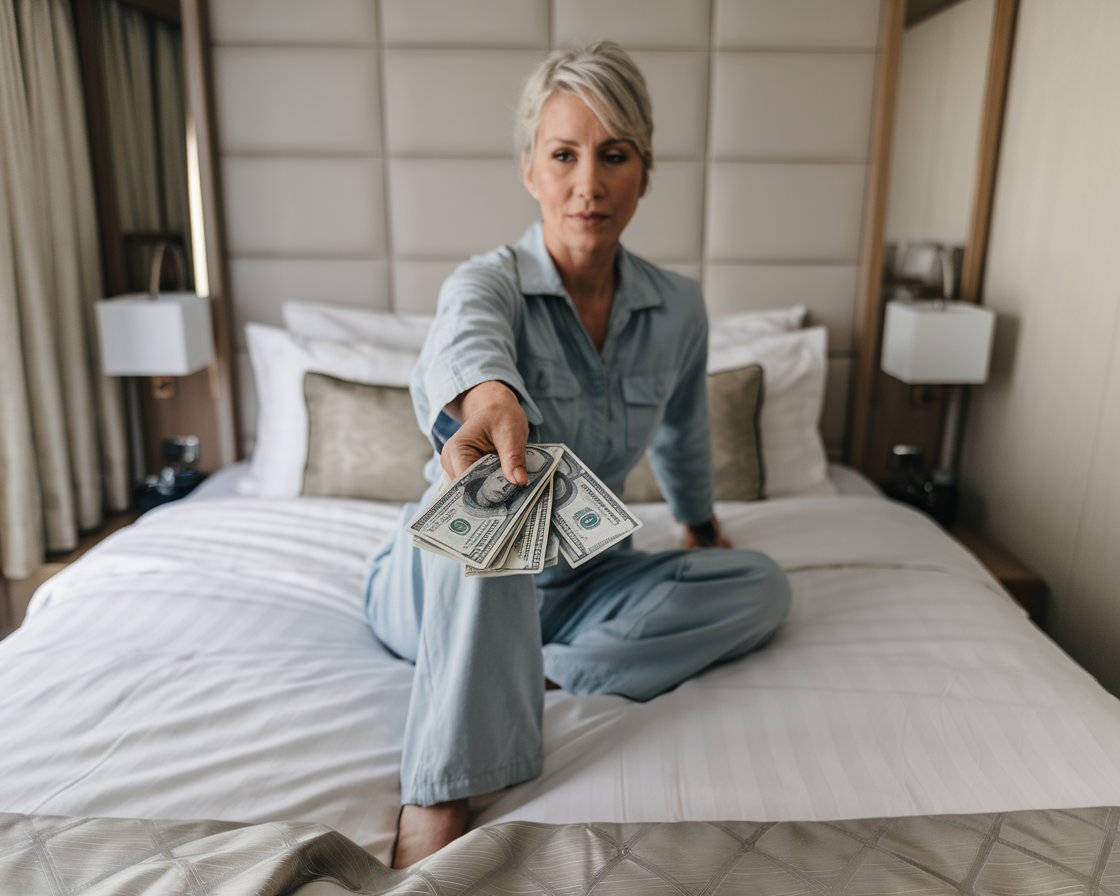 lady with some money notes on the bed on a cruise ship