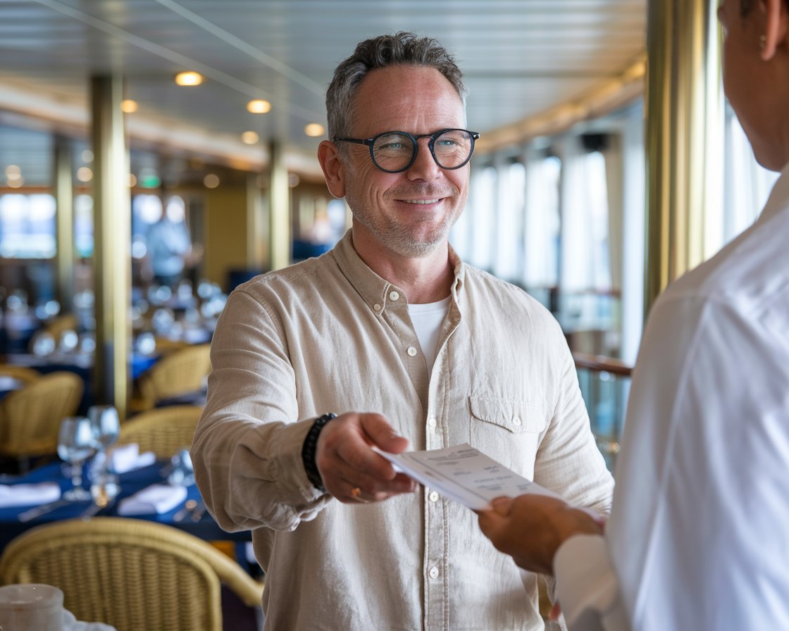 man, casually dressed, passing the bill to a waiter on a cruise ship