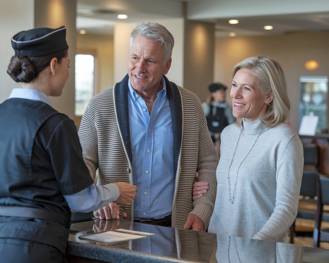 mid aged Man and mid aged lady dressed casually are at the front desk of a hotel talking to a staff member.