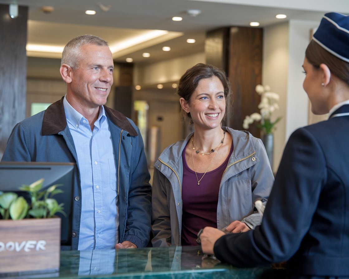 mid aged Man and mid aged lady dressed casually are at the front desk of a hotel talking to a staff member at Dover.