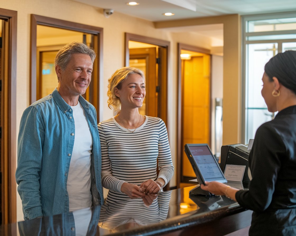 mid aged Man and mid aged lady dressed casually are at the front desk of a hotel talking to a staff member at Rosyth.