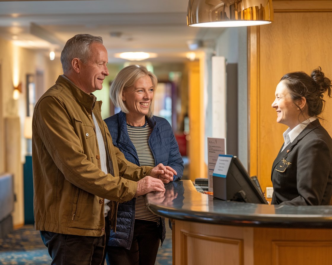 mid aged Man and mid aged lady dressed casually are at the front desk of a hotel talking to a staff member near Port of Cromarty Firth (Invergordon).