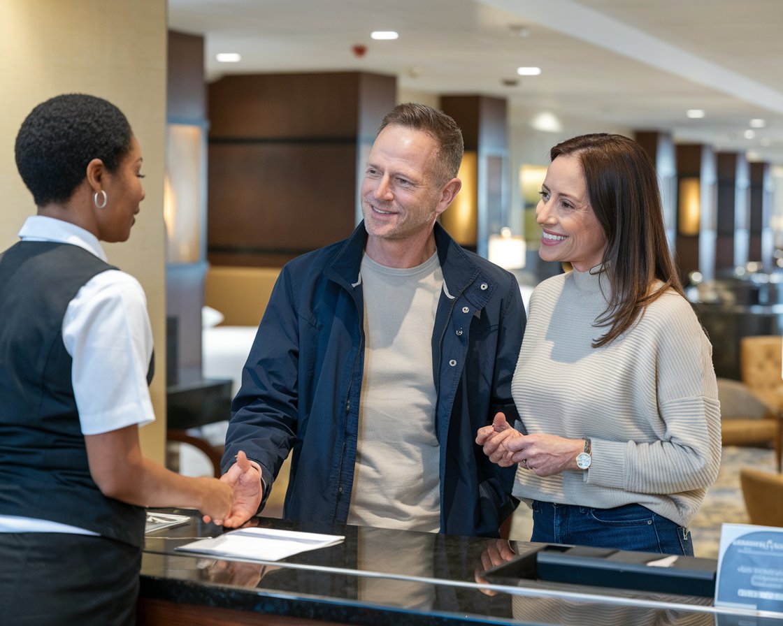 mid aged Man and mid aged lady dressed casually are at the front desk of a hotel talking to a staff member.