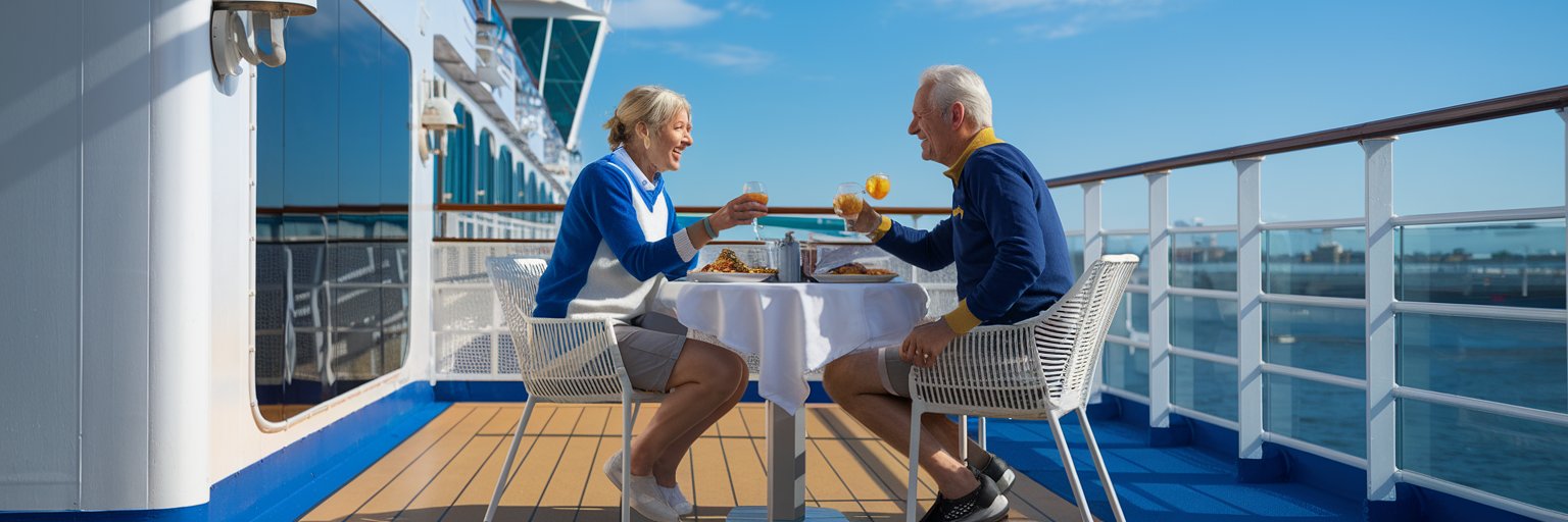 mid range shot of an Older man and lady dressed in shorts having a casual lunch on the deck of a cruise ship on a sunny day at Port of Dover.