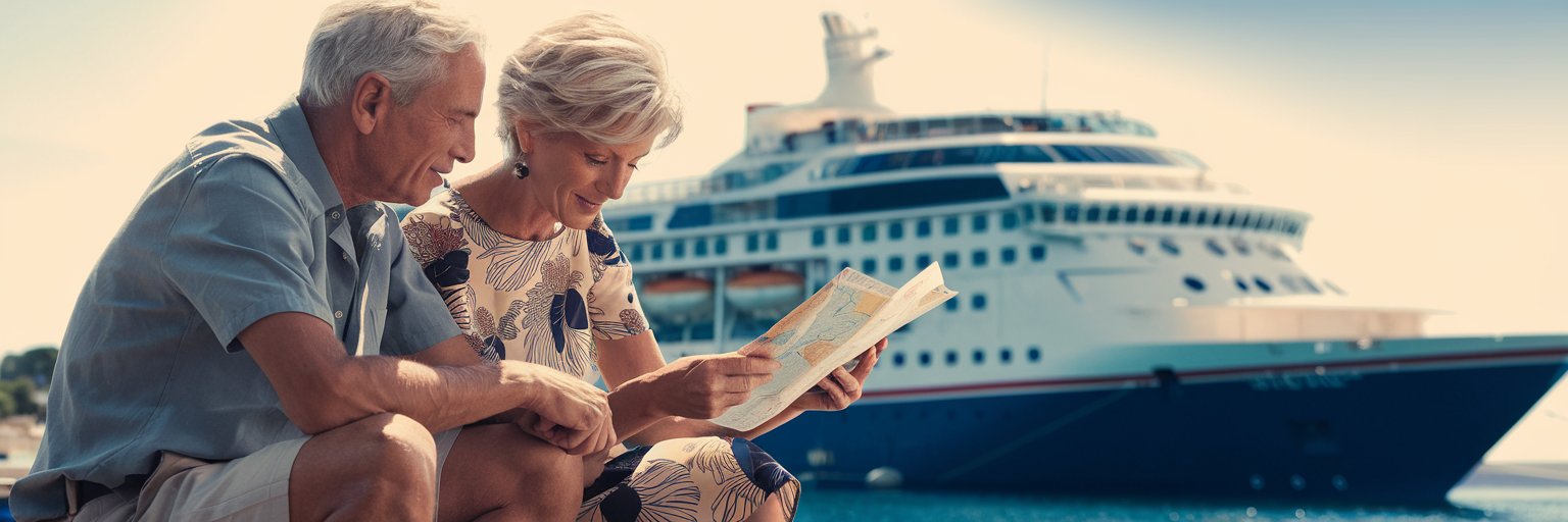 older couple sitting down, reading a map, casually dressed in shorts on a sunny day with a cruise ship in the background