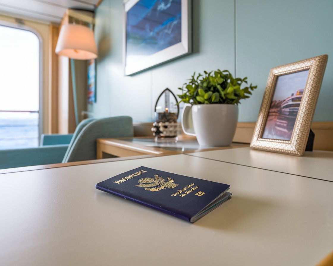 passport on the desk in a cabin on a cruise ship