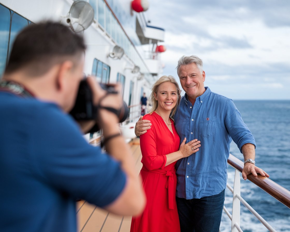 photographer taking a photo of a mid aged couple on Norwegian Breakaway cruise ship