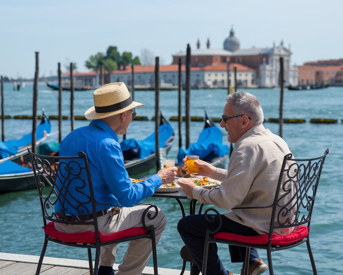 two men having lunch with a lovely view of venice in front of them