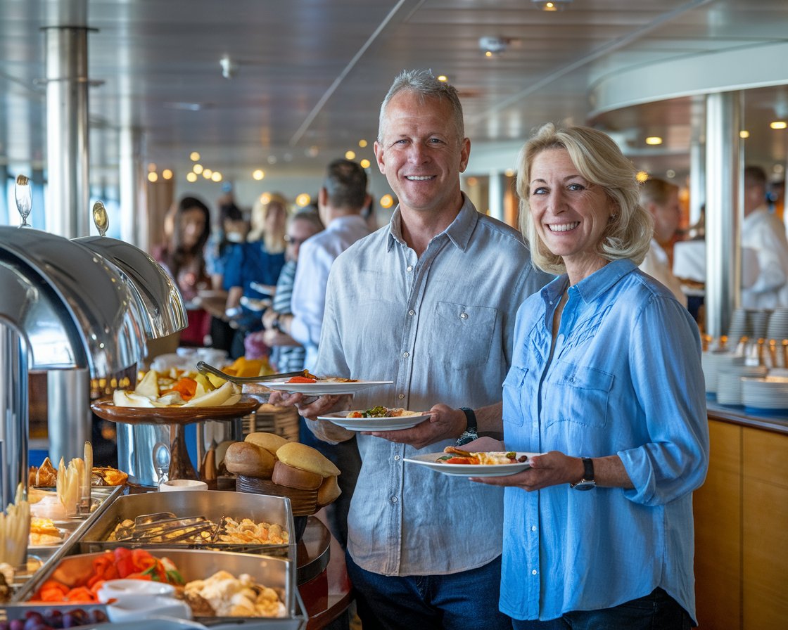 2 casually dressed mid aged guests having lunch at the buffet on Norwegian Epic cruise ship