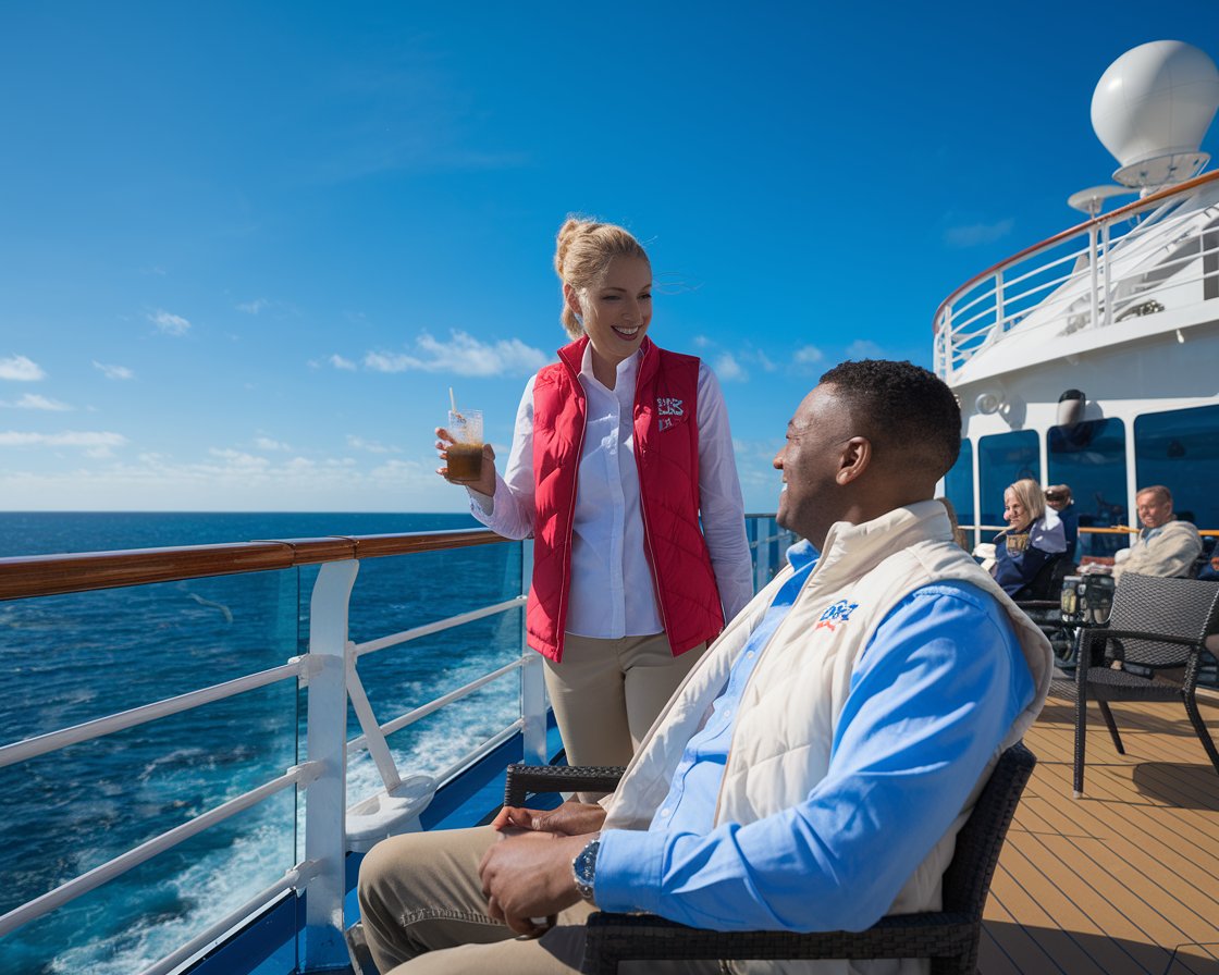 2 guests on on top deck of Norwegian Epic cruise ship