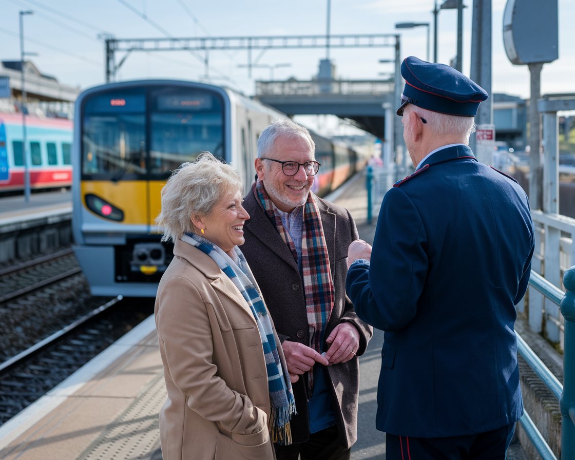 A older couple talking to the train conductor. It is a sunny day near Holyhead Port. A train is arriving at a station in the background.