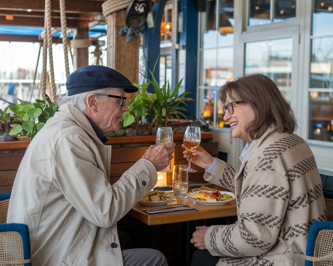 An older man and lady having a casual lunch in a restaurant near Port of Southampton