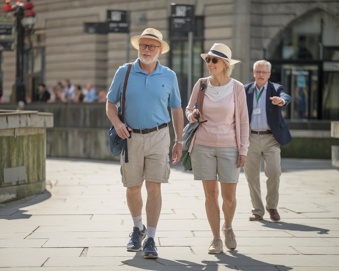 An older man and lady on a tour in Belfast. They are dressed in walking shoes and shorts with hat and sunglasses and have a tour guide pointing out the way on a sunny day.