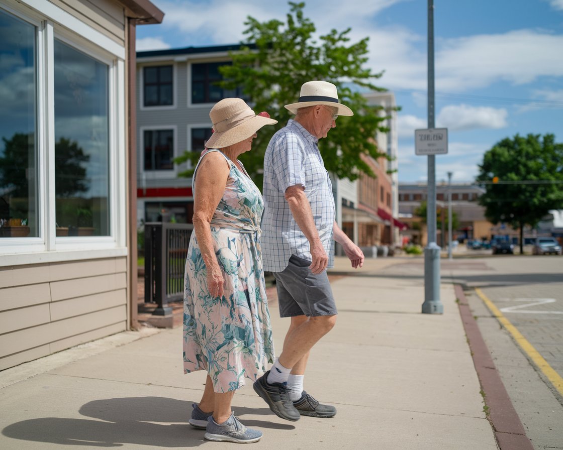 An older man and lady on a tour in Hull. They are dressed in walking shoes and shorts with hat and sunglasses and have a tour guide pointing out the way on a sunny day.