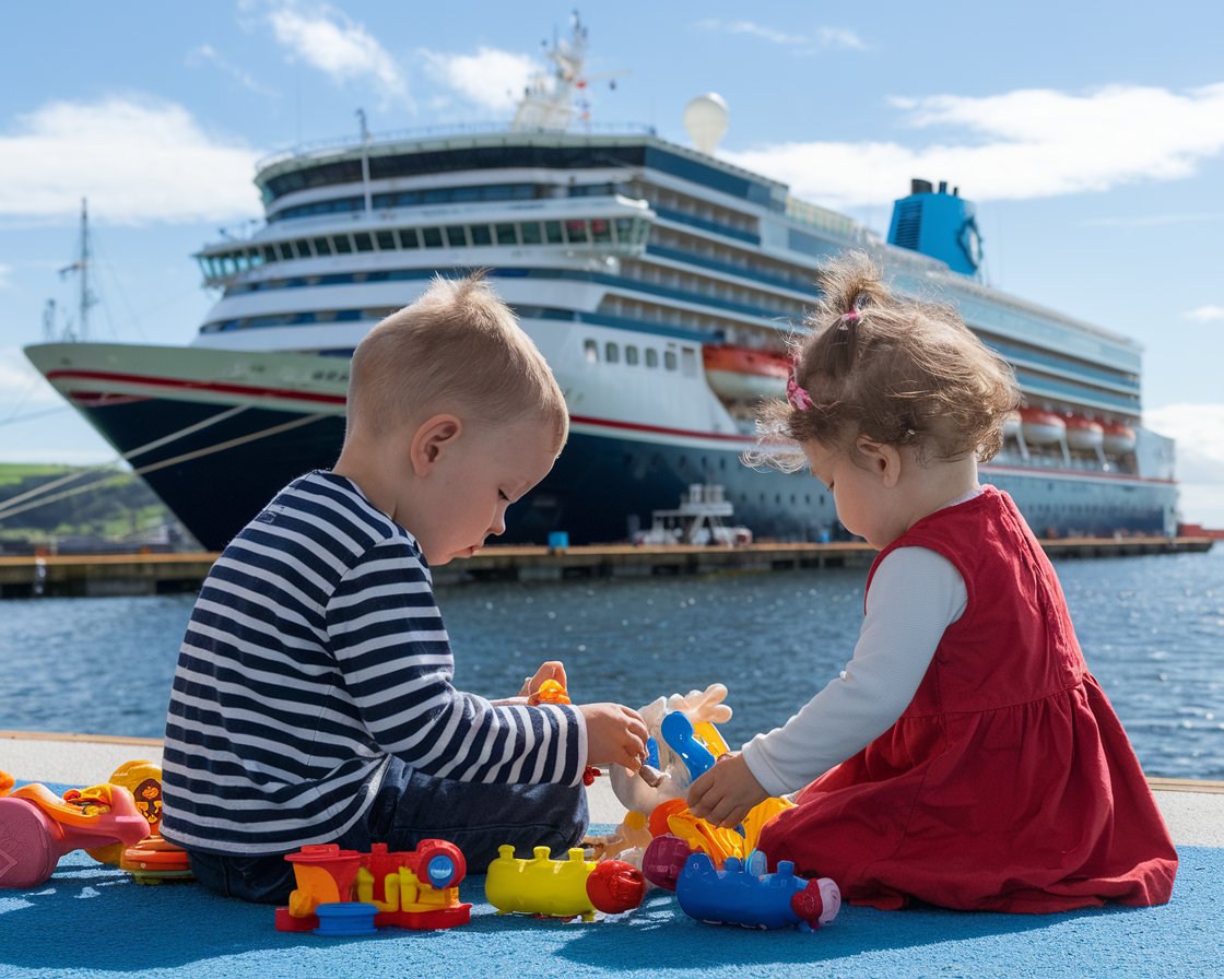 Boy and a girl sitting on the floor playing. There is a cruise ship in the background on a sunny day at Holyhead Port