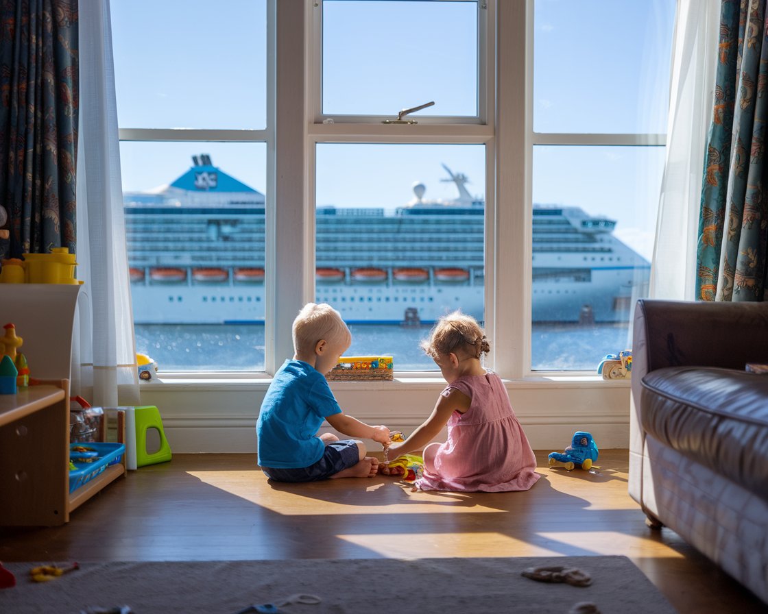 Boy and a girl sitting on the floor playing. There is a cruise ship in the background on a sunny day at Port of Hull